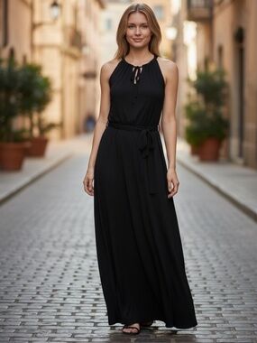 NWT ANN TAYLOR Women's L Full-Length Black Halter-Type Jersey Sheath Dress